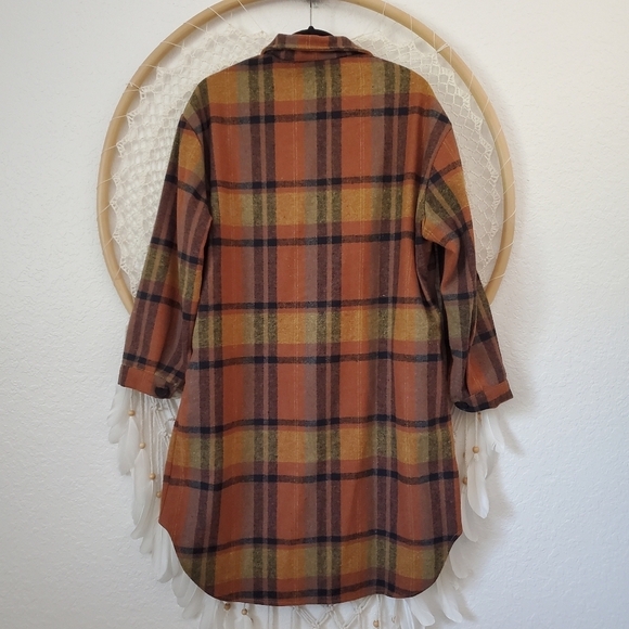 Flannel Shacket Long Plaid Oversized Brown Western Chore Cozy Medium - Picture 7 of 8